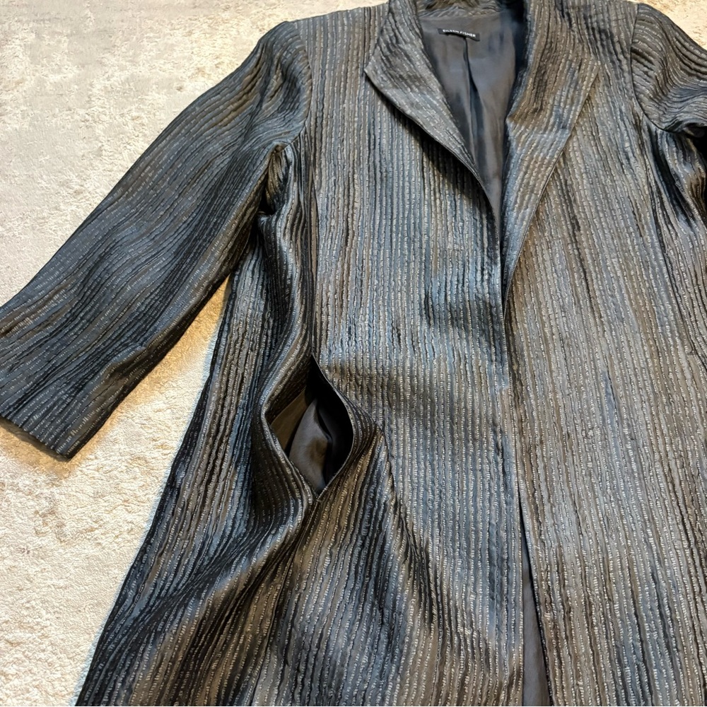 Eileen Fisher Metallic Grey Textured Silk Open Front 3/4 Jacket Size MEDIUM - Picture 9 of 16